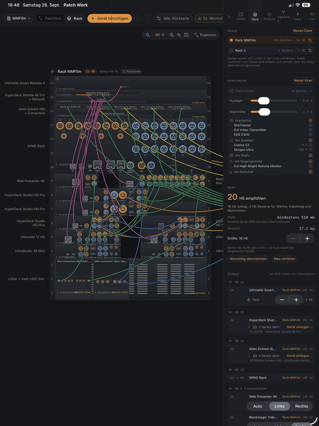 Der Rackplan mit Vorder- und Rückseite, Höheneinheiten und Gerätenamen neben dem Rack.